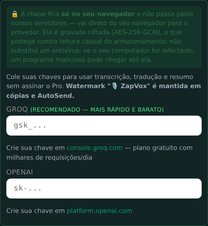 Panel de ZapVox con los campos para pegar la clave de Groq y de OpenAI
