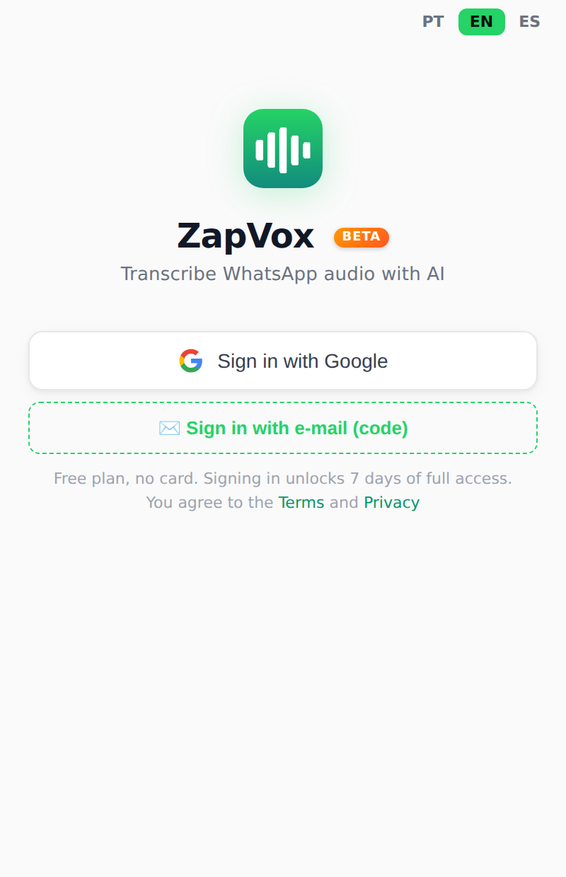 The ZapVox panel open, with the sign-in buttons