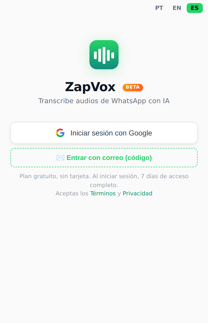 El panel de ZapVox abierto, con los botones para entrar