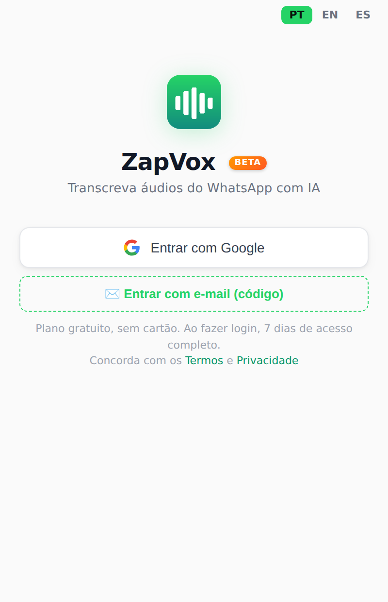 Painel do ZapVox aberto, com os botões de entrar