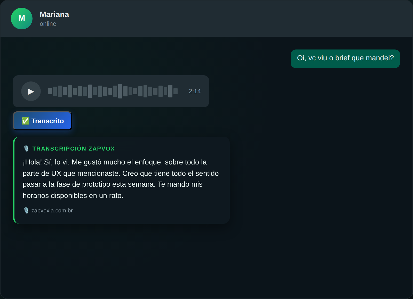 El mismo audio ya transcrito, con el texto debajo
